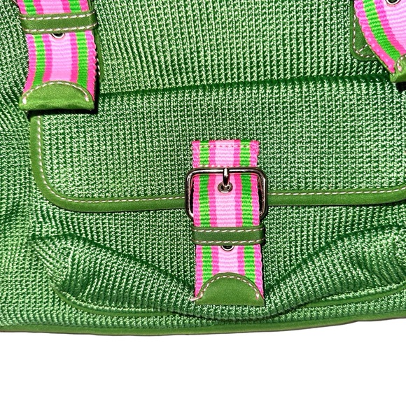 The SAK Belinda Satchel Kelly Green Knit Bag Pink Trim Canvas Straps Buckles - Picture 11 of 12